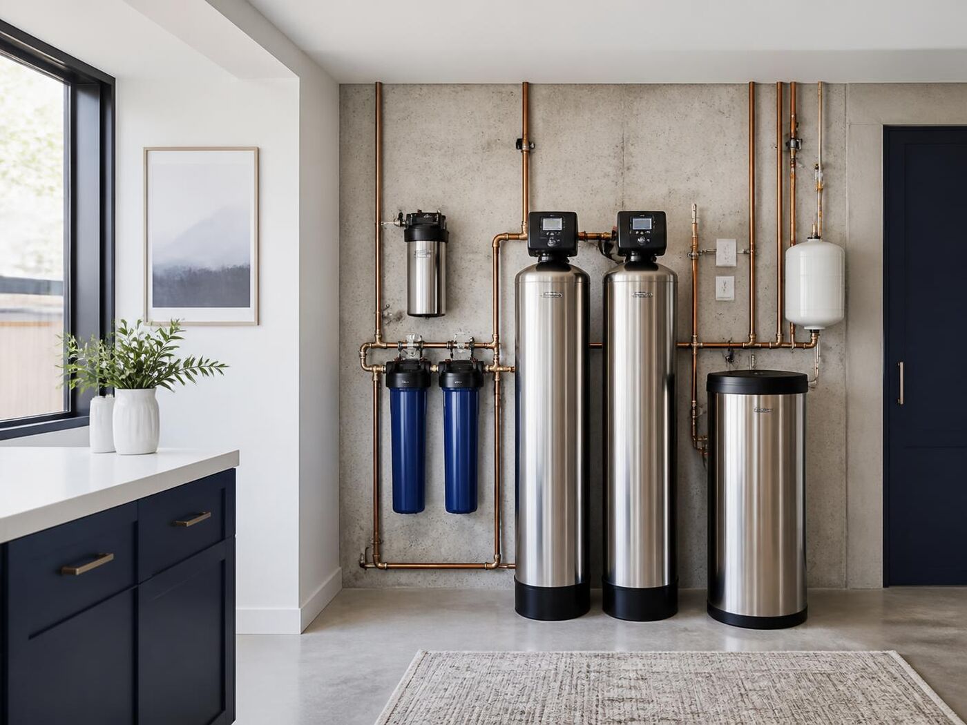 Whole-home water treatment tanks and piping in a residential mechanical room