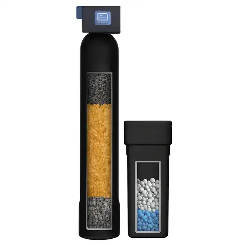 CleanHaus whole-home water treatment media tank with mixed-bed resin and carbon media, shown beside its control unit