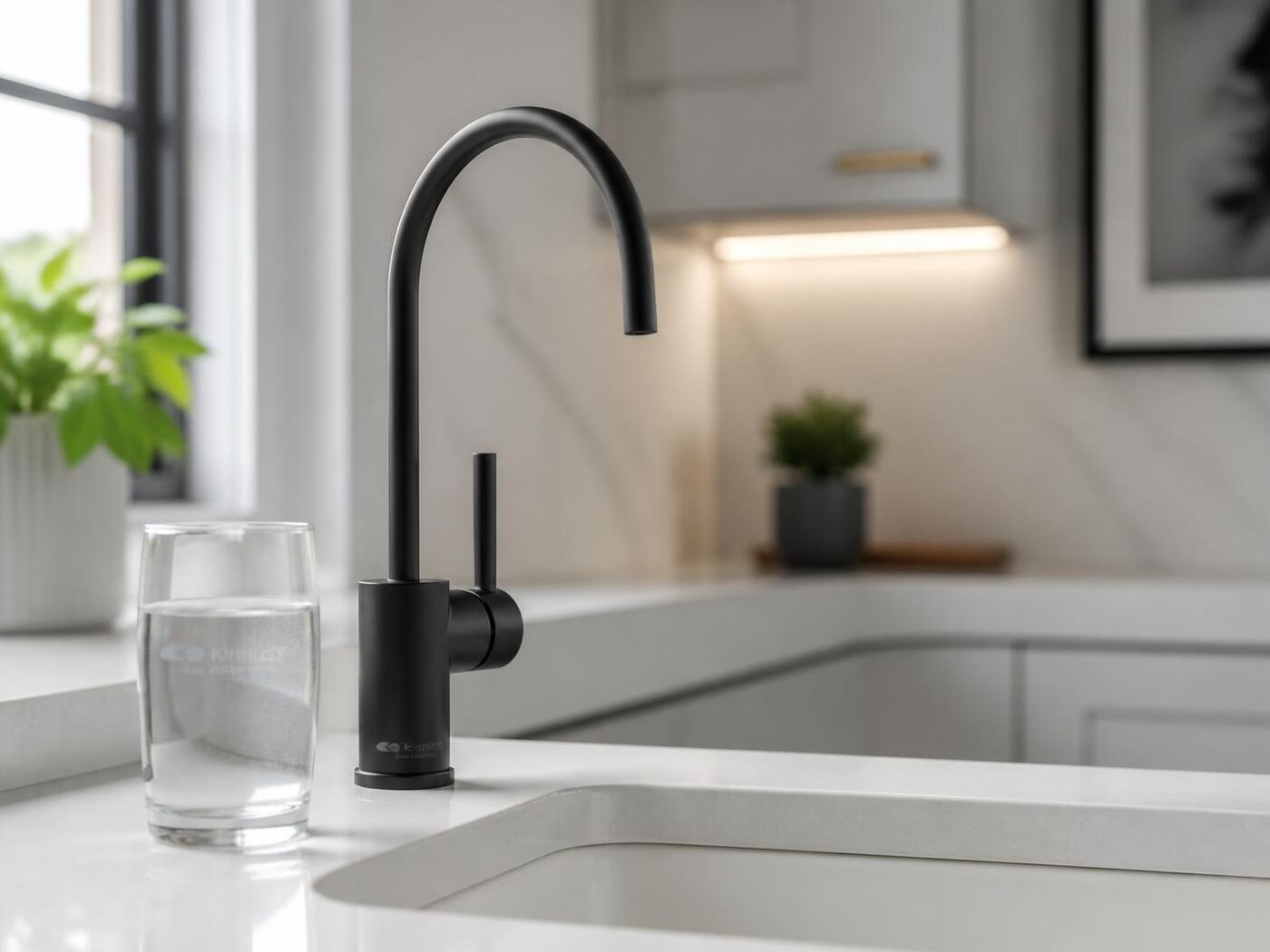 Dedicated reverse osmosis drinking water faucet at a modern kitchen sink